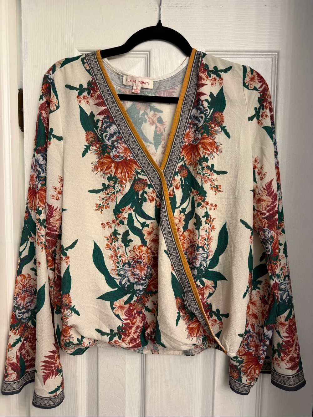 Flying Tomato Cream Floral Wrap Blouse with Green and Rust Accents